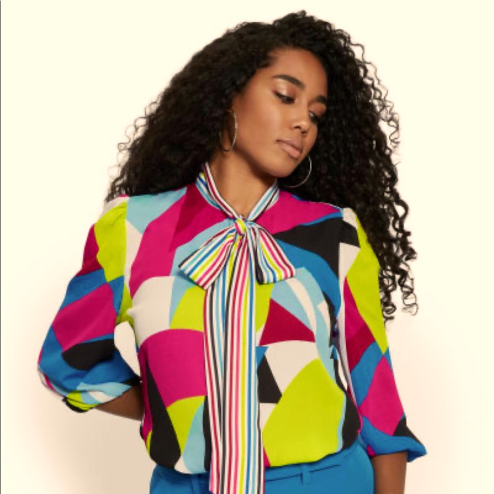 New York & Co Geometric Print Bow Neck Blouse- XS
